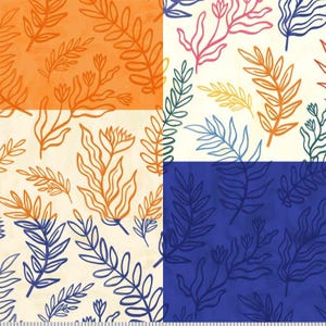May include: A seamless pattern featuring a variety of stylized floral designs in orange, blue, yellow, pink, and green on a cream background. The pattern is divided into four sections, each with a different color scheme.