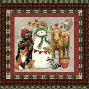 May include: A rectangular quilt featuring a central illustration of a snowman, a black bear, a moose, a fox, a rabbit, a raccoon, and mice. The snowman wears a green scarf and holds a banner with the word JOY. The border has plaid patterns.