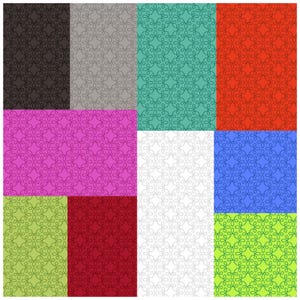 May include: A digital collage of nine different patterns. Each pattern is a repeating design of interlocking circles. The patterns are in various colors, including black, gray, teal, red, pink, white, blue, green, and maroon.