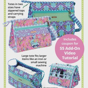 May include: Image of stand-up totes in various sizes and patterns. The totes have zippered tops and carrying straps. One tote is pink with a raccoon print, another is teal with a geometric design. The large tote fits larger items like an iron or sewing machine.