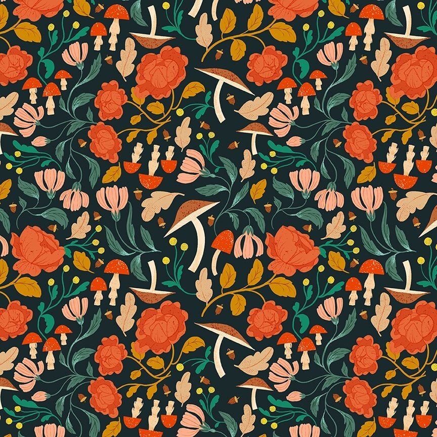 Ink Flora Cotton Fabric, Flora & Fauna DFG2654 Dear Stella, FQ Fat