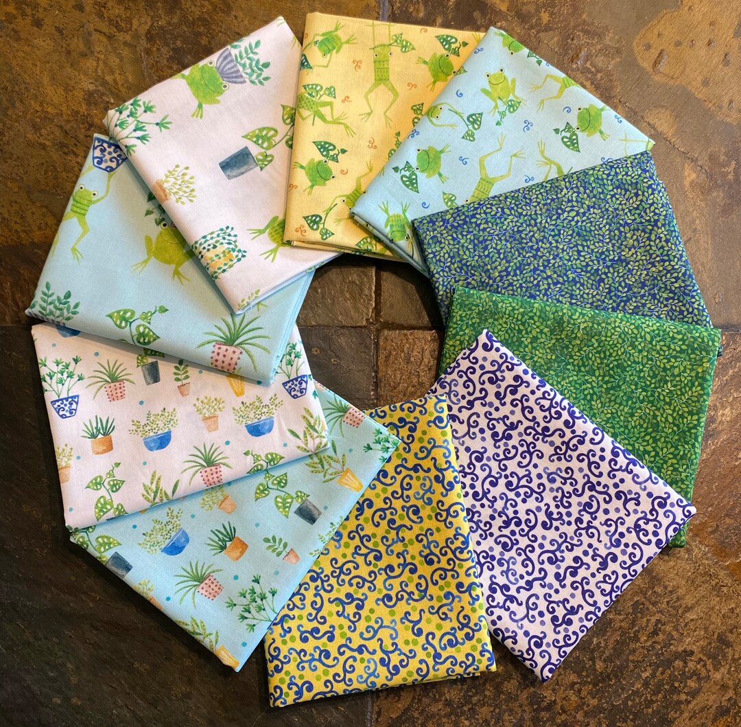 10 Piece Fat Quarter Bundle of Quilt Cotton Fabric, Frogs and Fronds Turnowsky QT Fabrics, FQ