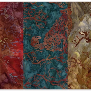 May include: Abstract textile art featuring three vertical panels with batik-style patterns. The panels display a rich palette of colors, including deep reds, teal, and earthy browns. The designs incorporate organic, branch-like motifs.