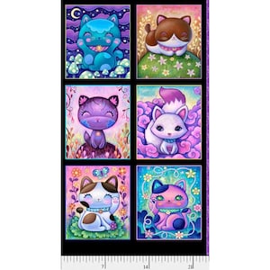 May include: A colorful fabric panel with six different illustrations of cats. Each cat is in a different pose and has a unique color scheme. The fabric is perfect for quilting, crafts, and other creative projects.