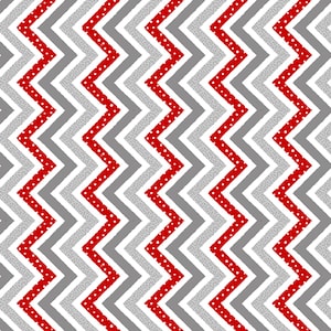 May include: A repeating pattern featuring vertical zigzag stripes in alternating colors. The design consists of solid gray chevrons, red chevrons with white polka dots, and light gray chevrons with a fine speckled texture throughout the surface.