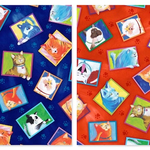 May include: Two fabric swatches with a repeating pattern of cats in colorful frames on a blue and red background. The cats are in various poses and have different colored fur. The background is dotted with paw prints.