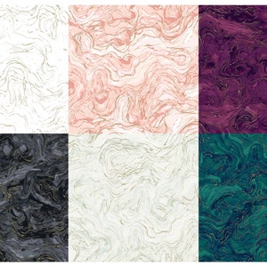 May include: Six different marble-like patterns with gold accents. The patterns are white, pink, purple, black, cream, and teal.