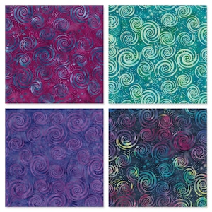 May include: Four fabric squares with a swirling pattern in shades of blue, purple, and pink. The pattern is reminiscent of a galaxy with stars.