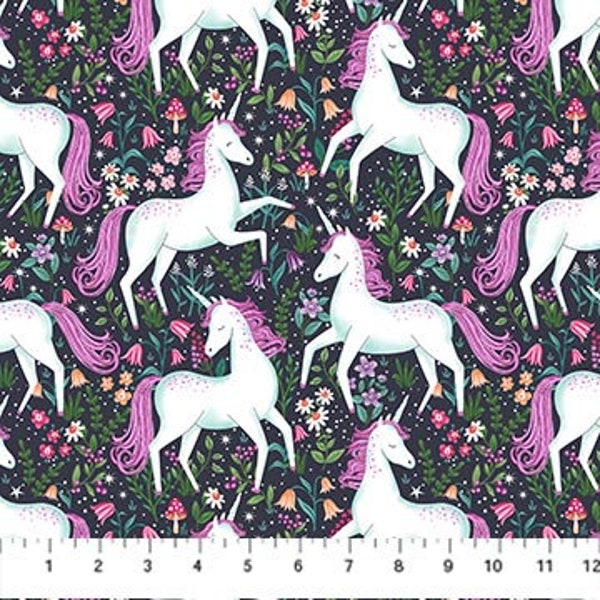 Large Unicorns Cotton Fabric, Unicorn Dreams Northcott 26841-98, FQ Fat Quarter Eighth BTY By The Yard Fantasy Forest Floral Mushroom Decor