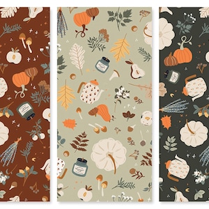 May include: Three rectangular patterns with a fall theme. Each features pumpkins, gourds, leaves, mushrooms, teapots, and other autumn elements. The color schemes are brown, olive green, and dark green.