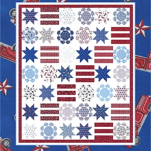 May include: A quilt pattern called "Independence Day Cake" by Coach House Designs. The quilt features a white background with red, white, and blue stars, stripes, and circles.