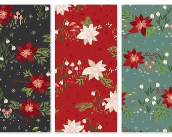 Poinsettia Floral Cotton Fabric Yuletide Forest C13541 Christmas Holiday Riley Blake FQ Fat Quarter Eighth by the Yard Mushroom Cottagecore