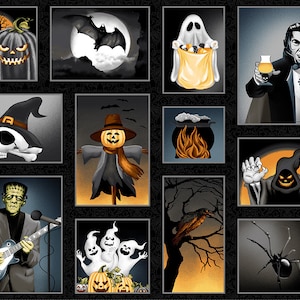 Scary Character Blocks Cotton Fabric 3053-99 Halloween Ball Henry Glass Gothic Haunted house Spooky Season decor 24&#39;&#39; block panel
