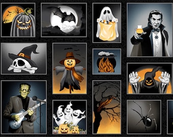 Scary Character Blocks Cotton Fabric 3053-99 Halloween Ball Henry Glass Gothic Haunted house Spooky Season decor 24'' block panel