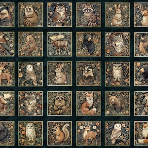 May include: A fabric panel featuring a grid of thirty square illustrations of woodland animals including badgers, raccoons, owls, rabbits, deer, bears, wolves, and foxes, each set against a dark floral background with gold-toned accents.