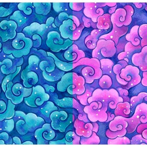 May include: A seamless pattern featuring swirling clouds in shades of blue and teal on a dark blue background. The clouds are outlined in a darker blue and have white dots scattered throughout.