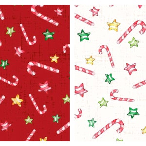 May include: Two Christmas-themed fabric patterns. One features a red background with candy canes and stars in green, yellow, and red. The other has a white background with the same candy canes and stars.