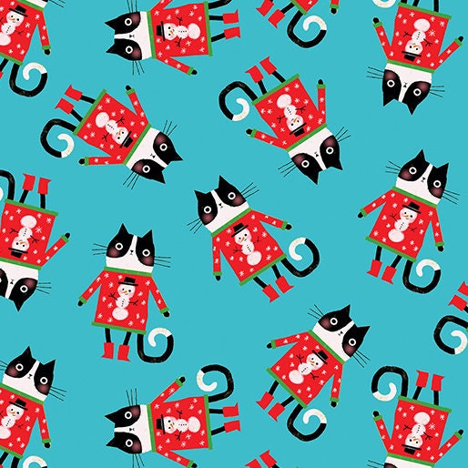 Cat in a Sweater Toss Cotton Fabric, 16236-84 Meowy Christmas Terry Runyan, Benartex, FQ BTY Fat Quarter Eighth By Yard Holiday Cats Precuts