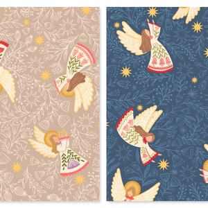 May include: Two patterned backgrounds featuring illustrations of angels. One background is tan with white floral and star patterns. The other is navy blue with white floral and star patterns. The angels have long brown hair, halos, and floral patterned dresses.