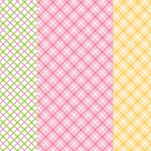 May include: Three colorful plaid patterns in green, pink, and yellow. Each pattern features a grid of intersecting lines, creating a classic plaid design. The colors are bright and cheerful, suitable for various craft projects.