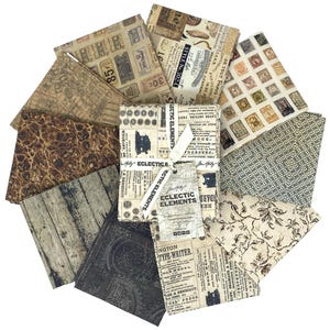 May include: A collection of vintage-style paper sheets with various patterns, including postage stamps, newspaper clippings, and wood grain. The papers are arranged around a central package tied with a ribbon and a tag that reads "Eclectic Elements."