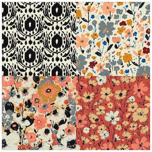 May include: A digital collage of four different fabric patterns. The top left pattern is a black and white geometric design. The top right pattern is a floral design with pink, yellow, blue, and gray flowers on a white background. The bottom left pattern is a floral design with pink, yellow, and white flowers on a cream background. The bottom right pattern is a floral design with pink, yellow, and white flowers on a red background.