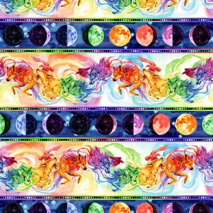 May include: A repeating pattern featuring colorful wolves and phases of the moon. The wolves are depicted in a rainbow of colors, with a raven flying above them. The moon phases are set against a dark blue background with a decorative border.