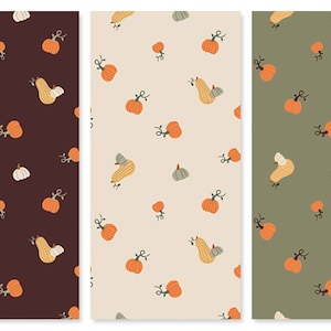 May include: Three rectangular panels with repeating patterns of pumpkins, gourds, and garlic. The panels feature backgrounds in dark brown, beige, and olive green. The pumpkins are orange, the gourds are yellow and green, and the garlic is white.