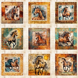 May include: A fabric panel featuring nine framed horse illustrations in various poses and colors, set against a textured background. The artwork includes shades of brown, gold, and blue, with a decorative border.