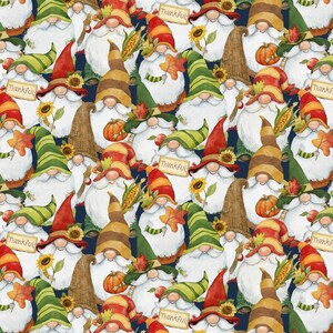 May include: A seamless pattern featuring a variety of gnomes with different hats, holding various autumnal items like sunflowers, pumpkins, corn, and leaves. The gnomes are all wearing white beards and have a whimsical, festive look. The background is a deep blue color.