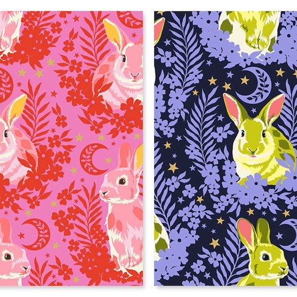 Hop To It Cotton Fabric, Tula Pink Metallic Besties Free Spirit, Ships Same Day Pet Bunny Rabbit FQ Fat Quarter Eighth BTY by the yard half