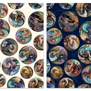 May include: A seamless pattern featuring colorful dragons in circular frames on a white and blue background. The dragons are depicted in various poses with intricate details and vibrant colors.