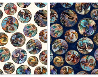 Dragon Round Picture Patches cotton fabric Dragon Fyre Dan Morris QTFabrics 29928 FQ Fat Quarter Half By Yard BTY RPG Dungeon Master Decor