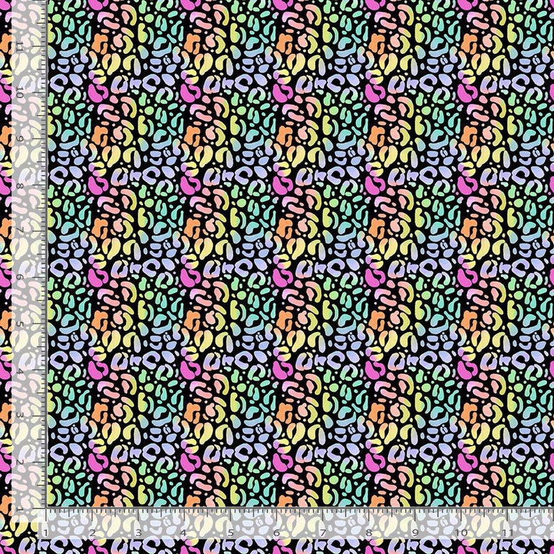 May include: A seamless pattern featuring a repeating design of abstract shapes in a rainbow color gradient on a black background.