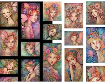 May include: A collection of watercolor paintings featuring ethereal female figures with floral and butterfly accents. The artwork showcases soft colors, closed eyes, and delicate details, evoking a dreamy, whimsical aesthetic. The portraits are arranged in a grid.