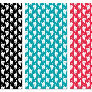 May include: Three seamless patterns featuring white silhouettes of cats on different colored backgrounds. The first pattern is black, the second is teal, and the third is red.