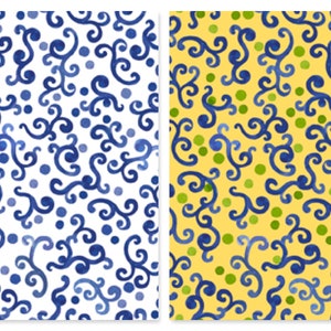 May include: Two seamless patterns featuring blue swirls and white or yellow backgrounds with green and blue dots.