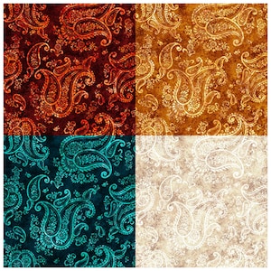 May include: A square graphic divided into four quadrants, each featuring a repeating paisley pattern. The top-left is deep red, the top-right is golden brown, the bottom-left is dark teal, and the bottom-right is a light cream color.