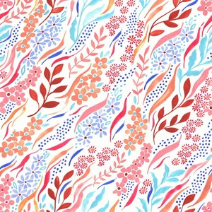 May include: A seamless pattern featuring a white background with a repeating design of blue, pink, and orange flowers, leaves, and abstract shapes.