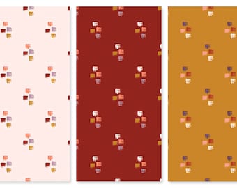 May include: Three seamless patterns featuring a geometric design of small squares in various shades of pink, red, orange, and purple on a background of light pink, burgundy, and mustard yellow.
