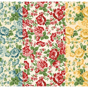 May include: A fabric pattern featuring three vertical panels of floral designs on a cream background. The left panel displays blue roses, the center panel shows red and pink roses, and the right panel features yellow roses, all with green leaves.