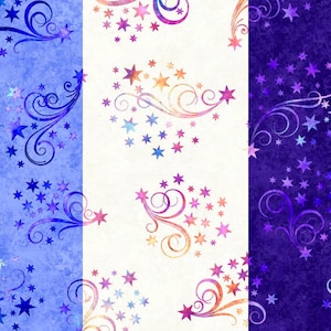 May include: A seamless pattern featuring blue, purple, and white stars with swirling tails on a blue, white, and purple background.
