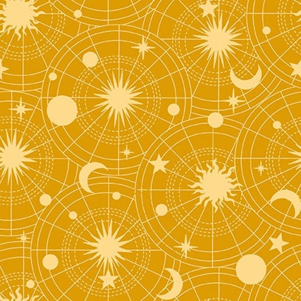 Linear Stars and Moons Cotton Fabric, 3285-44 Celestial Galaxy, Blank Quilting FQ Fat Quarter Eighth BTY Yard Precuts Tarot witchy astrology