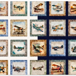 Airplane Picture Patches Panel Cotton Fabric, 30048 Flying High, Dan Morris Qt Fabric Vintage Aviation Decor Steampunk Ephemera Easy Pillow