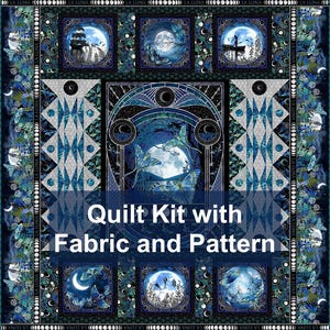 May include: A quilt kit with fabric and pattern. The quilt features a celestial design with a full moon, butterflies, and a ship. The color palette includes shades of blue, teal, and black. The text "Quilt Kit with Fabric and Pattern" is displayed.