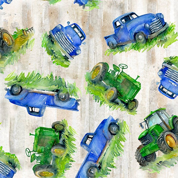 Trucks and Tractors Cotton Fabric, 21678 Tan Country Living, John Keeling, 3 wishes Fat Quarter FQ Fat Eighth BTY By Yard Farm truck tractor