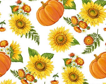 Peut inclure: Un fond blanc avec un motif répété de citrouilles orange, de tournesols jaunes et de feuilles vertes.