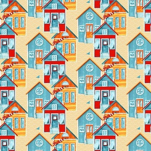 May include: A seamless pattern featuring watercolor illustrations of colorful houses with blue, red, yellow, and orange accents. The houses have white windows and doors, and some have a red chimney. The background is a light beige color.