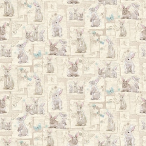 May include: A seamless pattern featuring a repeating design of white rabbits in various poses on a beige background with a distressed, vintage look. The rabbits are surrounded by butterflies and other decorative elements.
