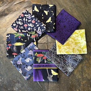 8 pc Hallowed Forest Fat Quarter Bundle w/optional 24&quot; panel, Grace Pop Studio E Witchy Moth Cat Eye Cauldron Halloween Spiderweb FQ Precuts